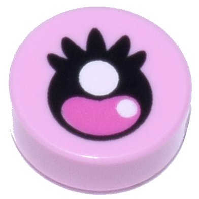 LEGO part Tile, Round 1 x 1 with Black and Dark Pink Eye with Eyelashes and White Highlights Pattern (98138pb449)