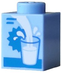 LEGO part Brick 1 x 1 with Blue Glass Outline, Lines and Star Tag, White Pouring Drink and Splashes Pattern (Milk Carton) 3005pb075