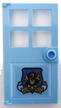 LEGO part Door 1 x 4 x 6 with 4 Panes and Stud Handle with Beauxbatons Crest with Dark Blue Letter B and Gold Leaves Pattern Model Right Side (Sticker) - Set 75958 (60623pb12r)