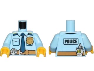 LEGO part Torso Police Shirt with Gold Badge, Dark Blue Tie, Dark Tan Belt and 'POLICE' and Radio on Back Pattern / Bright Light Blue Arms / Yellow Hands (973pb2600c01)