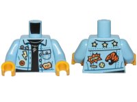 LEGO part Torso Denim Jacket over Black Shirt with Badges, 'YO!', 'POW!' and Silver Necklace with 'P' Pendant Pattern / Bright Light Blue Arms / Yellow Hands 973pb3668c01