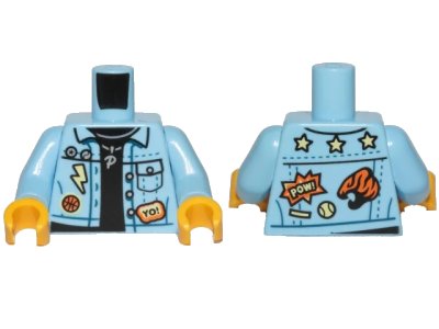 LEGO onderdeel Torso Denim Jacket over Black Shirt with Badges, 'YO!', 'POW!' and Silver Necklace with 'P' Pendant Pattern / Bright Light Blue Arms / Yellow Hands (973pb3668c01)