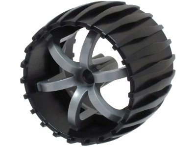 LEGO part Wheel Hard Plastic, Treaded 49.5mm D. x 37.5mm with Molded Flat Silver Spokes Pattern (100942pb01)