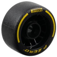 LEGO part Rad 24 x 13.4 mit Stiftkoch mit geformtem schwarzem Hartgummi-Reifen und bedrucktem gelbem 'PIRELLI', 'P ZERO' und Bogenmuster 105162pb02
