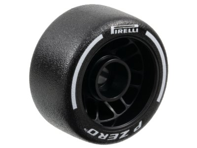 LEGO part Wheel 24 x 13.4 with Pin Hole with Molded Black Hard Rubber Tire and Printed White 'PIRELLI', 'P ZERO' and Arcs Pattern (105162pb04)
