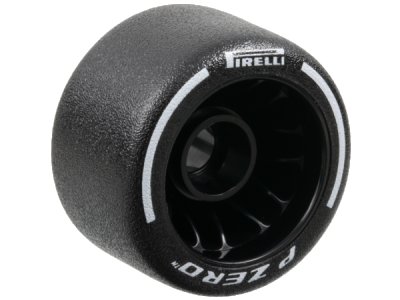 LEGO part Wheel 24 x 14.9 with Pin Hole with Molded Black Hard Rubber Tire and Printed White 'PIRELLI', 'P ZERO' and Arcs Pattern (110100pb03)