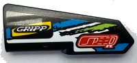 LEGO part Technic, Panel Fairing #22 Very Small Smooth, Side A with 'SPEED', 'FIRM GRIPP' and Blue, Lime and White Stripes Pattern (Sticker) - Set 42103 11947pb089