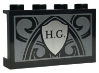 LEGO part Panel 1 x 4 x 2 with Side Supports - Hollow Studs with 'H.G.' on Silver Shield and Ornate Pearl Dark Gray Background Pattern 14718pb047