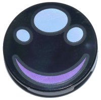 LEGO part Tile, Round 2 x 2 with Bottom Stud Holder with 3 White Dots / Pupils and Medium Lavender Curved Line / Smile Pattern 14769pb662