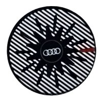 LEGO part Loseta, Redonda 2 x 2 con Soporte de Espiga en la Parte Inferior con Logo Audi Blanco, Rayas Plateadas y Patrón de Raya Roja 14769pb674