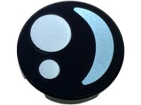 LEGO part Tile, Round 2 x 2 with Bottom Stud Holder with Eye with White Circles and Metallic Light Blue Crescent Pattern 14769pb724