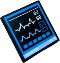 LEGO part Road Sign 2 x 2 Square with Open O Clip with Hospital Computer Screen with Dark Azure Border and Buttons, Bright Light Blue '82', Monitor Wave and Base, White '56' and Lines Pattern 15210pb186