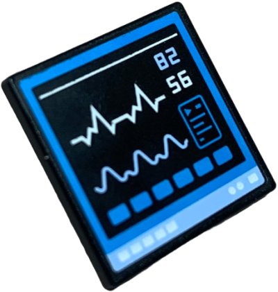 LEGO part Road Sign 2 x 2 Square with Open O Clip with Hospital Computer Screen with Dark Azure Border and Buttons, Bright Light Blue '82', Monitor Wave and Base, White '56' and Lines Pattern (15210pb186)
