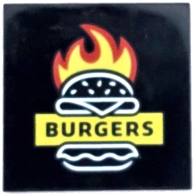 LEGO part Tile 4 x 4 with Red and Yellow Flames, White Burger Outline and 'BURGERS' Pattern (1751pb012)