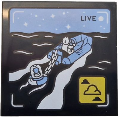 LEGO part Tile 4 x 4 with 'LIVE' Broadcast with Bright Light Blue Rubber Raft and Sky, Black Sea, White Minifigure, Stars and Waves, Yellow Icon with Clouds Pattern (1751pb047)