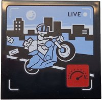 LEGO part Tile 4 x 4 with 'LIVE' Broadcast with Bright Light Blue Motorcycle and Sky, Black Road and Skyliners, White Minifigure, Red Icon with Speedometer Pattern 1751pb048