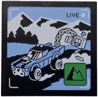 LEGO part Tile 4 x 4 with 'LIVE' Broadcast with Bright Light Blue Car and Side Road, Black and White Mountains, Green Icon with Mountains Pattern 1751pb050