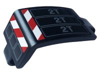 LEGO part Technic, Panel Curved 3 x 5 x 3 with Red and White Danger Stripes and Dark Bluish Gray '2T' Pattern Model Left Side (Sticker) - Set 42108 24116pb016L