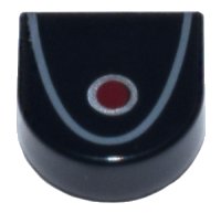 LEGO part Tile, Round 1 x 1 Half Circle Extended with Red Circle with Silver Outline and Dark Bluish Gray Curved Line Pattern 24246pb046