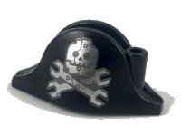 LEGO part Minifigure, Headgear Hat, Pirate Bicorne with Silver Minifigure Skull with Half Mask and Wrenches Crossbones Pattern 2528pb13