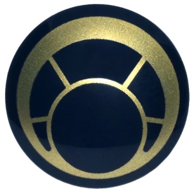 LEGO part Plate, Round 2 x 2 with Rounded Bottom (Boat Stud) with Gold Circular Window Frame Pattern (2654pb035)