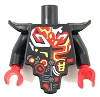 LEGO part Torso, Modified Short with Smooth Armor Breastplate with Shoulder Pads and Red, Yellow and White Tribal Pattern / Black Arms / Red Hands 28680pb03c01
