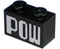 LEGO part Brick 1 x 2 with White 'POW' Pattern 3004pb257