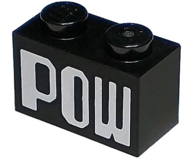LEGO part Brick 1 x 2 with White 'POW' Pattern (3004pb257)