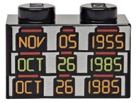 LEGO part Brick 1 x 2 with Orange and Yellowish Green 'NOV 05 1955', 'OCT 26 1985' and 'OCT 26 1985' on Silver Background Pattern 3004pb370