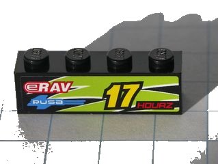 LEGO part Brick 1 x 4 with Yellow '17' and Red 'HOURZ' and 'eRAV' and 'RUSA' and Black and Lime Flames Pattern Model Left side (Sticker) - Set 8119 (3010pb113l)