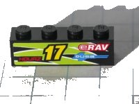 LEGO part Brick 1 x 4 with Yellow '17' and Red 'HOURZ' and 'eRAV' and 'RUSA' and Black and Lime Flames Pattern Model Right side (Sticker) - Set 8119 3010pb113r