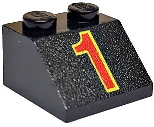 LEGO part Slope 45 2 x 2 with Red Number 1 with Yellow Outline Pattern (3039pb008)