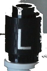 LEGO part Brick, Round 1 x 1 with Silver Capital Letter L Pattern 3062pb014