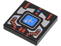 LEGO part Tile 2 x 2 with Spyrius Blue Screen with Plus Sign and Silver and Red Panel Pattern 3068p51