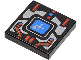 LEGO part Tile 2 x 2 with Spyrius Blue Screen with Plus Sign and Silver and Red Panel Pattern (3068p51)