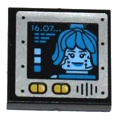 LEGO onderdeel Tile 2 x 2 with '16.07...' and Dark Azure Female Minifigure Head on Screen, Speaker Grille and Yellow Buttons Pattern (Sticker) - Set 70588 (3068pb1041)