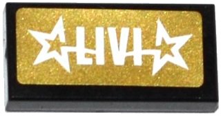 LEGO part Tile 1 x 2 with 'LIVI' and 2 Stars on Gold Background Pattern (Sticker) - Set 41106 (3069pb0444)