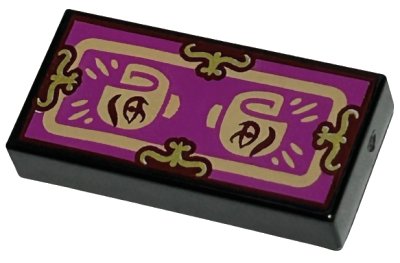 LEGO part Tile 1 x 2 with Gold Shapes, Nougat Border and Minifigure Hands with Dark Red Eyes on Magenta Background Pattern (Dr Facilier Fortune Card) (3069pb1163)
