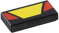 LEGO part Tile 1 x 2 with Yellow Trapezoid in Center and Red Triangular Panels on Sides Pattern 3069pb1367