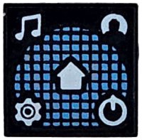 LEGO part Tile 1 x 1 with White Music Notes, Minifigure Profile, Gear, Power Icon, and Home Button on Medium Blue Grid Pattern 3070pb362
