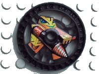 Technic, Disk 5 x 5 - RoboRider Talisman Wheel, Driller Mold with Robot Pattern en noir, numéro de pièce LEGO 32355pb01