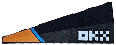LEGO onderdeel Wedge 5 x 2 Right with Orange and Dark Azure Stripes and White 'OKX' Logo Pattern (3505pb01)