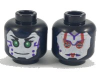 LEGO onderdeel Minifigure, Head Dual Sided Alien Female with White Face, Green Eyes and Purple Marks on Cheek / Red and Silver Armor Pattern 3626pb2062