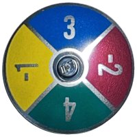 LEGO part Dish 4 x 4 Inverted (Radar) with Solid Stud with Silver Number -1, -2, 3 and 4 on Dark Blue, Dark Green, Dark Red and Yellow Background Pattern (Game Spinner) 3960pb068