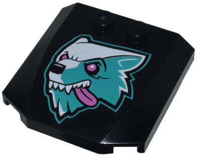 LEGO onderdeel Wedge 4 x 4 x 2/3 Triple Curved with Dark Turquoise and White Wolf Head with Dark Pink Eyes and Tongue Pattern (45677pb156)