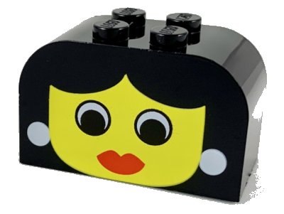 LEGO part Slope, Curved 4 x 2 x 2 Double with 4 Studs with Yellow Face with Eyes and Red Lips, White Earrings Pattern (4744px14)