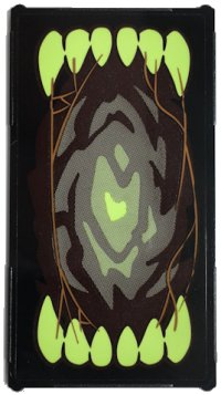 LEGO onderdeel Glass for Window 1 x 4 x 6 with Open Mouth with Yellowish Green Sharp Teeth, Medium Nougat Cobwebs Pattern Model Right Side (Sticker) - Set 70425 57895pb090R