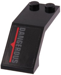 LEGO part Windscreen 5 x 2 x 1 2/3 with Dark Bluish Gray 'DANGEROUS', Red Line and Triangle Pattern Model Left Side (Sticker) - Set 70917 6070pb028L