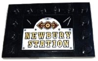 LEGO part Tile, Modified 4 x 6 with Studs on Edges with Dark Red and Gold Train Logo and 'NEWBURY STATION' Pattern (Sticker) - Set 70424 6180pb157