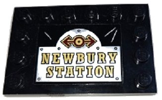 LEGO part Tile, Modified 4 x 6 with Studs on Edges with Dark Red and Gold Train Logo and 'NEWBURY STATION' Pattern (Sticker) - Set 70424 (6180pb157)